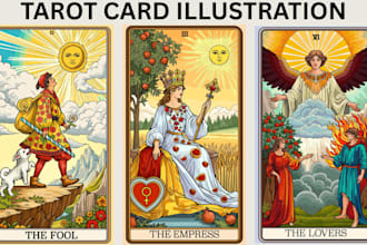 design tarot card illustrations, card game oracle zodiac in vintage and dark art