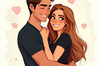 draw couple portrait in disney cartoon illustration for gift