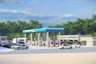 do realistic 3d fuel station design and commercial exterior rendering