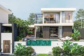 renovate 3d villa exterior, photorealistic pool rendering,garden,interior design