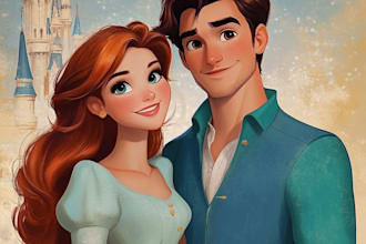 draw you cute lovely disney couple portrait illustration