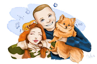 draw a cute couple, family, pet cartoon portrait drawing