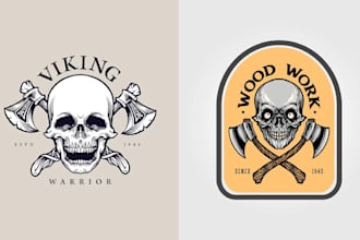 design vintage woodwork skull axes logo