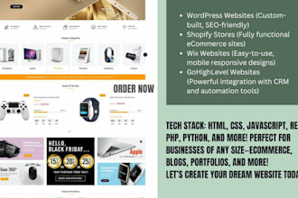 create custom wordpress website shopify store wix and gohighlevel websites