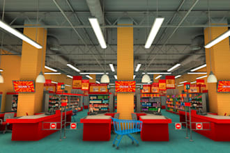 visualize 3d supermarket, layout shop,hostel interior design,cgi virtual staging