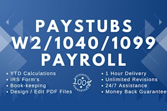 create paystub, payroll, check stubs, w2, 1099 with payslip
