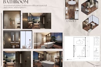 do a realistic bathroom 3d design and concept also moodboard