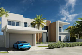 renew house design, exterior facade, villa render, porch, terrace, house garden