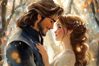 draw you cute lovely disney couple portrait