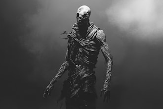 create dark horror fantasy character art in black and white