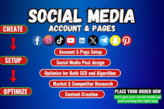 create all social media accounts, business pages setup, design, optimize