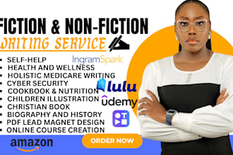 write self help, history, biography, cyber security ebook, tella online course