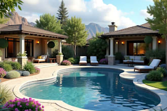 do landscape design, garden design, backyard, swimming pool, and render images