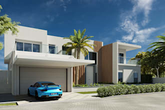 recraft 3d apartment, landscape rendering, 3d swimming pool, garden backyard