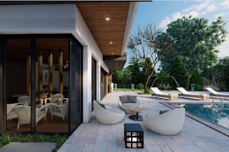 renovate villa building,garden decor,8kroom render,3d exterior design,vectorwork