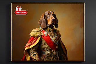 create pet portrait from photo,  dog royal portrait, royal cat portrait
