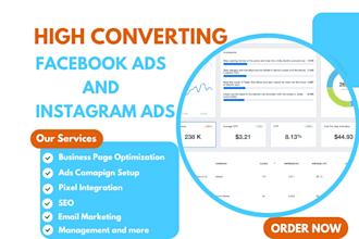 setup converting facebook ads instagram ads for traffic sales and generate leads