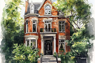 paint custom digital watercolor house, building portrait illustrations