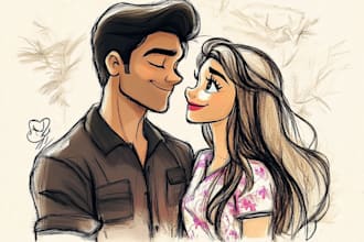 sketch a disney couples portrait in cartoon style