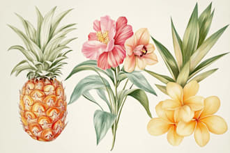 do botanical illustrations of flowers, plants and fruits