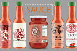 do label for, sauce, jar, seamoss, spice, seasoning, pepper, rub, BBQ and food