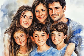 painting realistic family portrait or group watercolor style