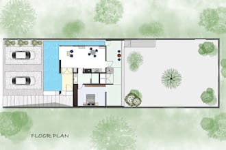 render professional a floor plan and add texture and landscape to photoshop