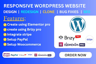 design wordpress website with brizy  or elementor builder, stripe integration