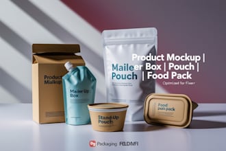 create product packaging mockup, mailer box, pouch, and food pack
