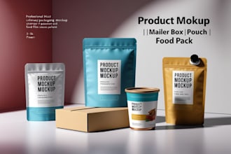 do product packaging mockup, mailer box, pouch, and food pack