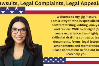 write lawsuits, motions, complaints, claims, appeals, injunctions, legal notice