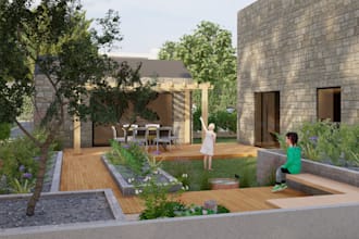 design a 3d outdoor office or garden studio for remote work and creativity