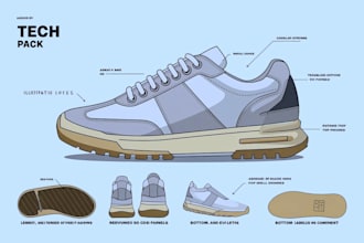 create fashion tech pack flat sketch, footwear, sneaker, heel and shoe tech pack