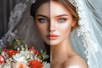 make high end skin beauty, wedding portrait photo retouching