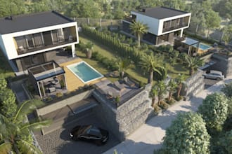 remodel 3d brick villa house design day and light render, real estate front yard