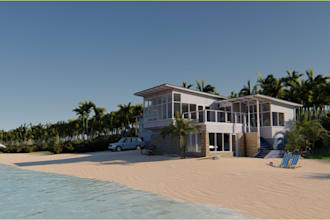 redesign beach house exterior, balcony patio, dock villa, front yard,hotel beach