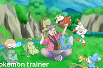 draw you as a pokemon trainer with your pokemon team, digimon, fakemon, tcg card