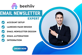 setup beehiiv, design a beehiiv landing page, newsletter, and homepage