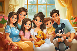 design a professional disney family portrait illustration