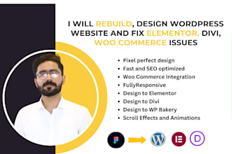 rebuild, design wordpress website and fix elementor divi woo commerce issues