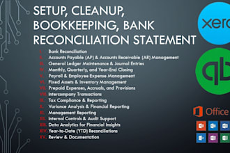 cleanup, setup, bookkeeping, bank reconciliation, and make financial statements