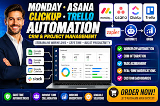 set up monday com crm asana clickup trello zap automation crm project management