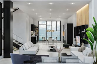 remodel 3d minimal villa, house interior, luxrious living room, kitchen redesign