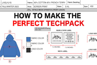 create clothing tech pack for apparel manufacturing with specifications