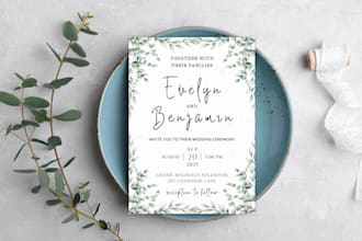 design custom wedding invitation, save the date, menu, and thank you cards