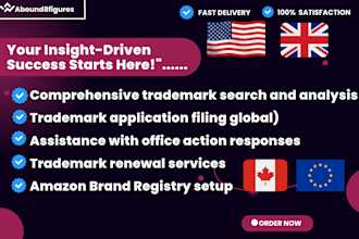 assist in USA canada UK trademark registration and uspto filing legal research