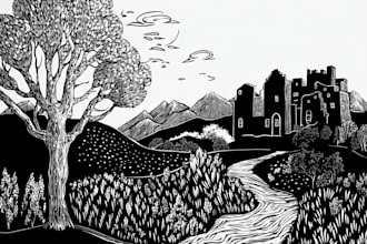 draw a line illustration, a linocut or an engraving