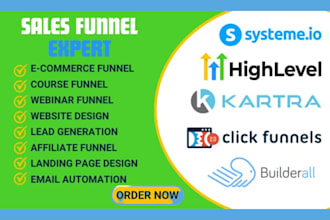 build clickfunnel sales funnel, gohighlevel, system io, kajabi, funnelish page