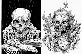 draw black and white horror, metal, dark art illustration