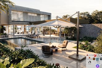 design landscape, backyard, pool, garden, deck, and patio